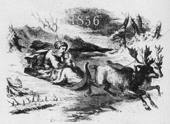 Reindeer But No Santa Claus: An unsigned woodcut illustration from Gleason's Weekly of 1856, showing Father Time in the traditional sleigh holding a small child in his arms. The conventional pack of presents was yet to be included in such a drawing. Reindeer But No Santa Claus: An unsigned woodcut illustration from Gleason's Weekly of 1856, showing Father Time in the traditional sleigh holding a small child in his arms. The conventional pack of presents was yet to be included in such a drawing.