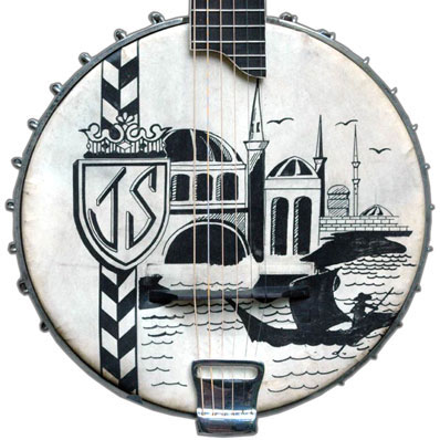 ca. 1912 Dayton Guitar Banjo with a Venetian scene on the skin head 