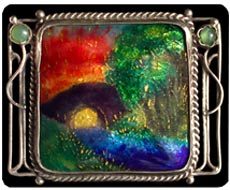 Enamel landscape brooch by George Hunt, a second-generation British Arts & Crafts jeweler. Photo courtesy Tadema Gallery, London.