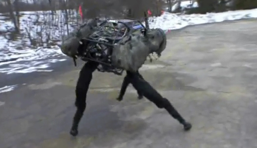 The Big Dog robot, seen here in a video, elicits empathy because we recognize its movements. The Big Dog robot, seen here in a video, elicits empathy because we recognize its movements.