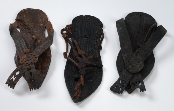 A trio of leather sandals from the Coptic period, Egypt. A trio of leather sandals from the Coptic period, Egypt.
