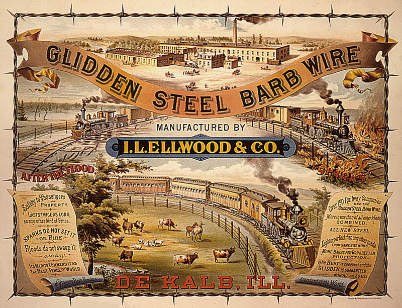 The virtues of barbed wire are touted in this 19th-century advertisement. Photo from the Ellwood House Museum.