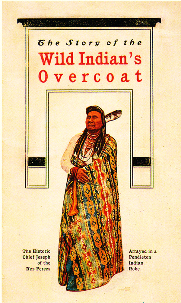 The cover of the Pendleton catalog, circa 1901. This 24-page catalog offered blankets and photographs of the Plateau Indians by Major Lee Morehouse. Image via "Language of the Robe."