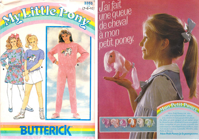 This 1985 Butterick pattern with My Little Pony transfer was posted on Patternpalooza's Flickr. Right, TheVintageToyAdvertiser.com unearthed this vintage French ad.