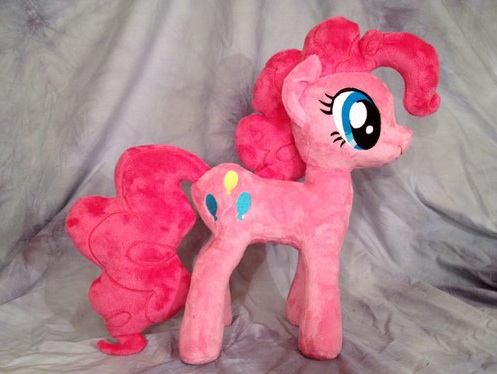 An example of a fan-made plush toy of Pinkie Pie, currently for sale on eBay.
