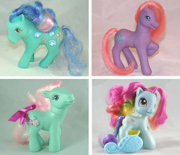 The changes My Little Pony has gone through, starting with the first generation in the top left corner to the anime-style G3.5 in the bottom right. Images via Summer Hayes.