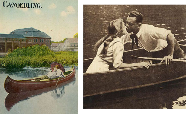 Two postcards from the early 1900s capitalize on the popularity of scandalous "canoedling," though the word most likely evolved from the German term “knuddeln,” meaning “to cuddle.” Left image courtesy Benson Gray.