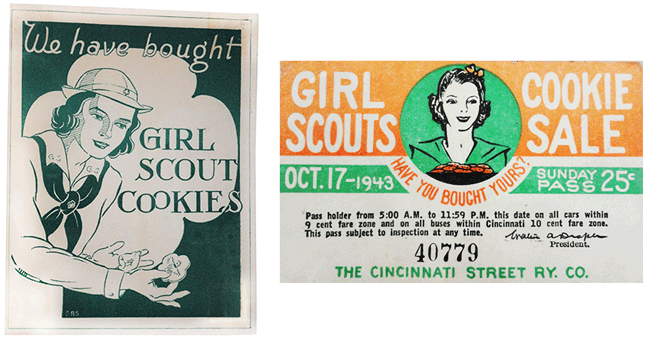 Left, a home placard from the late 1930s indicates its owners have already placed their orders (so please don't knock). Right, a 1943 cookie sale advertisement on a Cincinnati bus pass. Courtesy Carol &amp; Ernie Altvater.