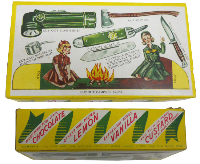The back of this 1951 cookie box features a cut-out campfire scene along with images of the tools scouts could earn. Many leaders used this cardboard knife for their safety trainings. Courtesy Ellen DeMaio.