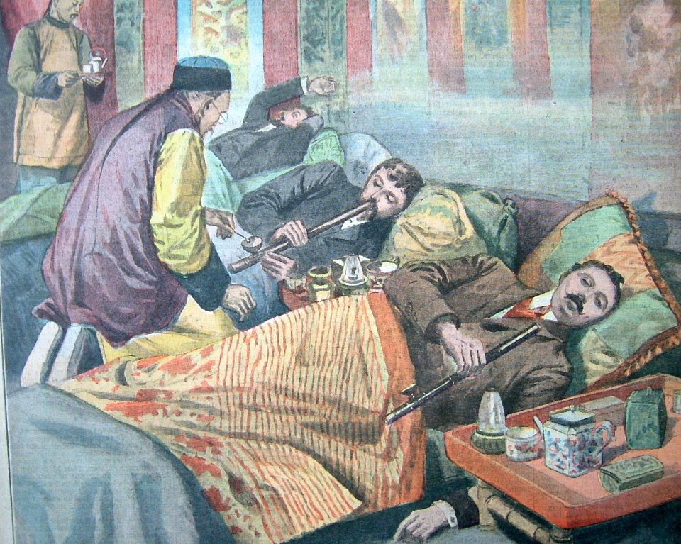A detail of a cover of "Le Petit Parisien" magazine from 1907 depicts opium smokers in France. 