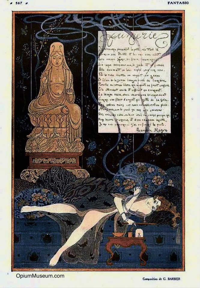 A highly romanticized illustration of a woman smoking opium, by George Barbier. From the French magazine "Fantasio," 1915.