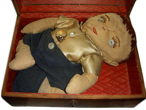 A seller in Florida says this box, which comes with a handmade doll and a gold ring, creates dreams of a woman in white. Starting at $50, it has no bids.
