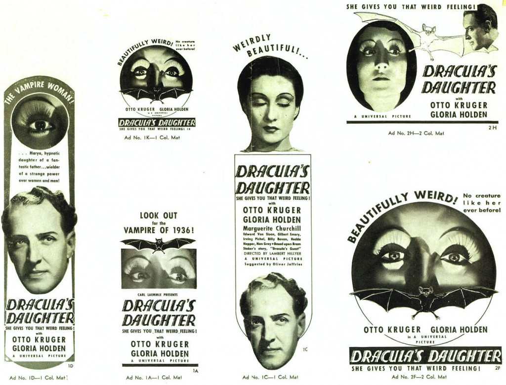 A pressbook for "Dracula's Daughter" from 1936 shows the various styles of advertising displays offered.