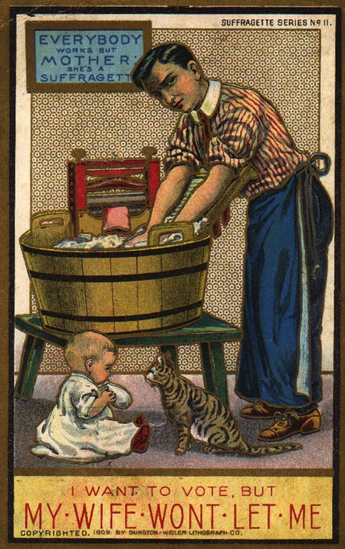 Top: A little boy reprimands a young suffragist for ignoring her dolls in this U.S.-made card marked "BS." Above: In 1909, the Dunston-Weiler Lithograph Company of New York issued possibly the most beautiful set of 12 anti-suffrage cards ever. Palczewski, Catherine H. Postcard Archive. University of Northern Iowa. Cedar Falls, IA.
