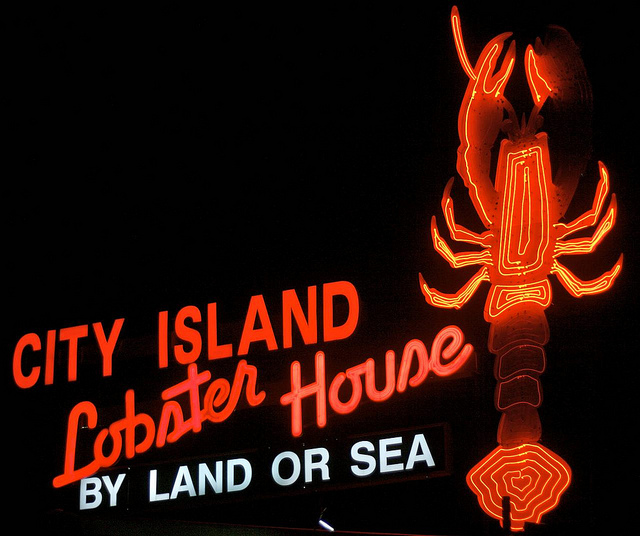 Hurricane Sandy took down this giant, iconic neon sign for City Island Lobster House in the Bronx. Photo by Hively.