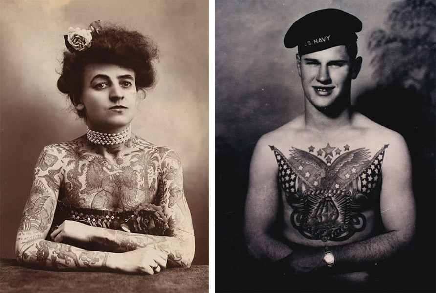 Left, a 1907 portrait of Mrs. Maud Stevens Wagner, the wife of tattooist Charlie Wagner. Right, a sailor with a patriotic chest piece by West Coast tattooist Bert Grimm.