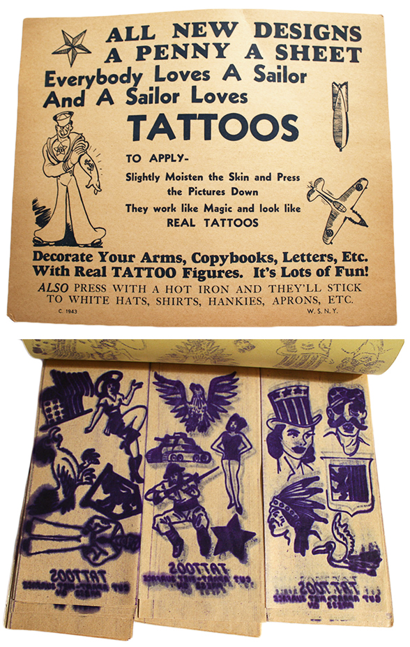 Temporary tattoo products have long banked on the trendiness of sailor tattoos, as seen in this 1940s booklet. Image courtesy Ballyhoo Vintage.
