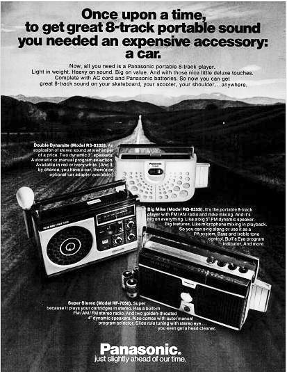 A '70s-era ad for portable players shows the eight-track's evolution from car-stereo to home use.