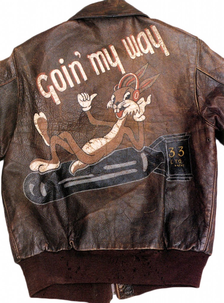 Pete, a pilot in the 100th Bomb Group, flew a B-17 bomber "Goin' My Way" and had Bugs Bunny painted on his A-2 jacket. The bomb tail indicates he flew 33 mission. From the collection of Jeff Spielberg.