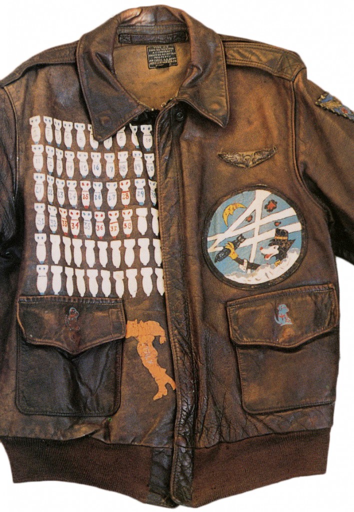 An A-2 jacket worn by an American air gunner in the 86th Bomb Squadron, 47th Bomb Group. The dog was the squadron mascot, and the outline of Italy indicates were he served. From the collection of Jeff Spielberg.