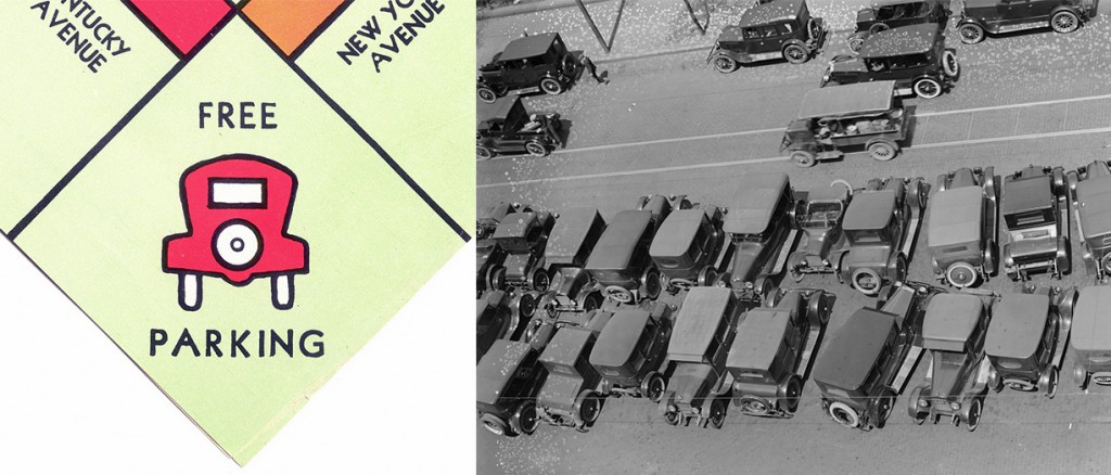 Left: In the 1930s, Parker Brothers' earliest "Monopoly" sets already included the requisite space for free parking. Right: During the 1920s, an absence of restrictions meant that the majority of American city streets were devoted to free parking, rather than the flow of moving vehicles.