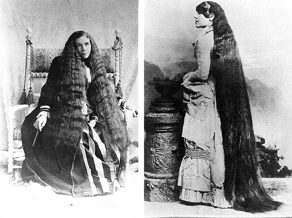 Left: The oldest sister, Sarah, had the shortest hair and became the group's leader. Right: The second-oldest, Victoria, had the longest hair, 7 feet of it, and was known for extravagant taste. (Via Peachridge Glass)