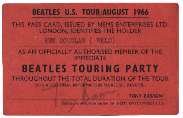 Gunderson's book features images of behind-the-scenes memorabilia, such as this press pass issued to disc jockey Ken Douglas of Louisville, Kentucky, radio station WKLO.