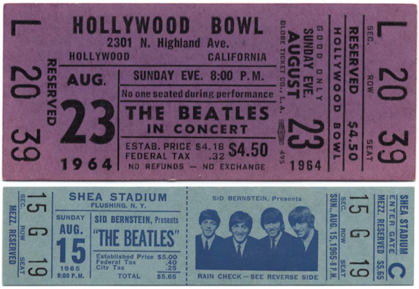 Tickets for Beatles shows in 1964 at the Hollywood Bowl and 1965 at Shea Stadium.