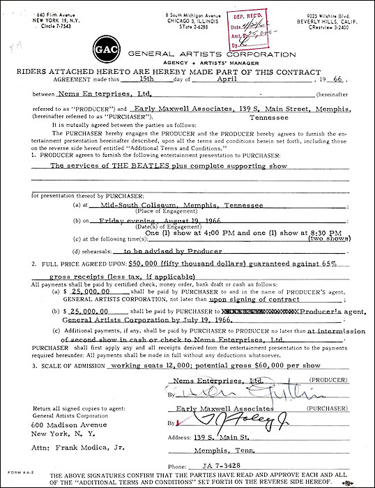 This 1966 contract for two performances in Memphis, Tennessee, guarantees The Beatles and its supporting acts $50,000.