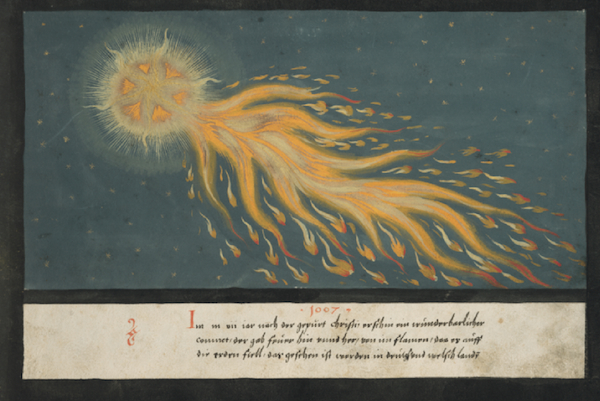 The "Book of Miracles" includes 26 examples of comets, including this one: "In the year 1007 A.D., a wondrous comet appeared. It gave off fire and flames in all directions. As it fell to Earth it was seen in Germany and Italy."