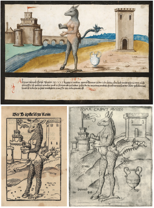Above: The depiction of the Tiber monster, which is said to have washed up on the banks of the Tiber river in Rome after a flood in 1496, has at least two contemporary sources. Top: "Miracles" ends with about 20 pages taken from the Book of Revelation, including chapter 13, verses 1-4.