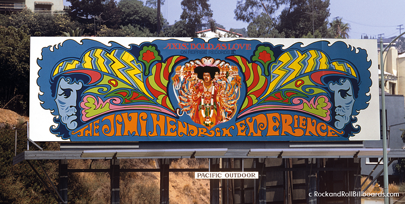 Top: The Tommy billboard from 1972 featuring gigantic chrome pinball eyes. Above: An early billboard mural for the Jimi Hendrix Experience in 1968. Photos by Robert Landau.