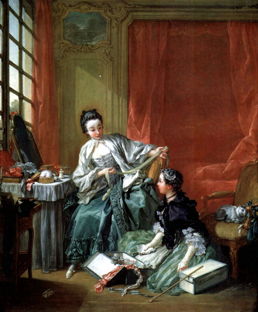 François Boucher painted this scene in 1746. Entitled "La marchande de modes," it depicts a milliner and client. Image courtesy the National Museum of Scotland.