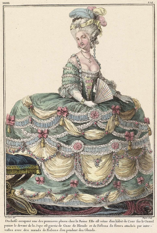 The caption for this 1781 fashion plate claims this duchess in courtly dress was very close with the Queen. Image courtesy the Museum of Fine Arts, Boston.