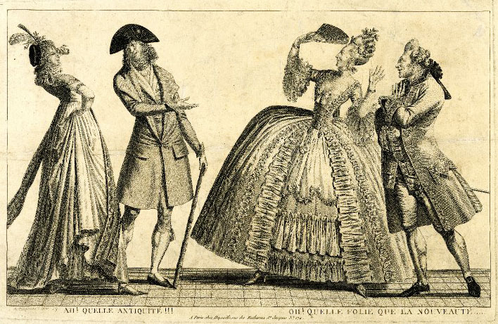 Top: An illustration from 1778 of the "Coiffure de l'indépendance," a hairstyle referencing the American Revolution. Above: A 1797 etching shows two couples mocking each other's fashion sense, with the "nouvelle riche" on the left and the "ancien régime," or old guard, on the right. 