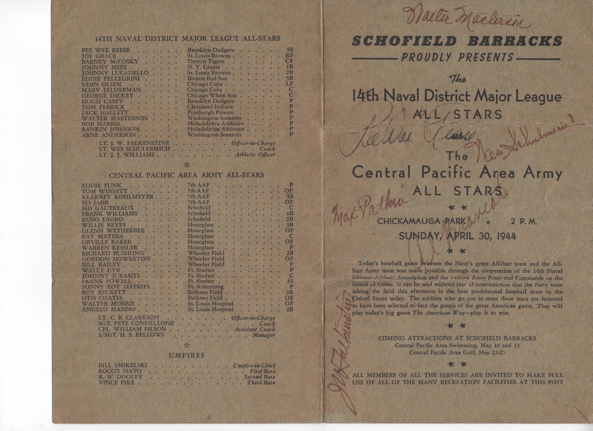 Wartime Baseball Scorecard Autographed by Pee Wee Reese 