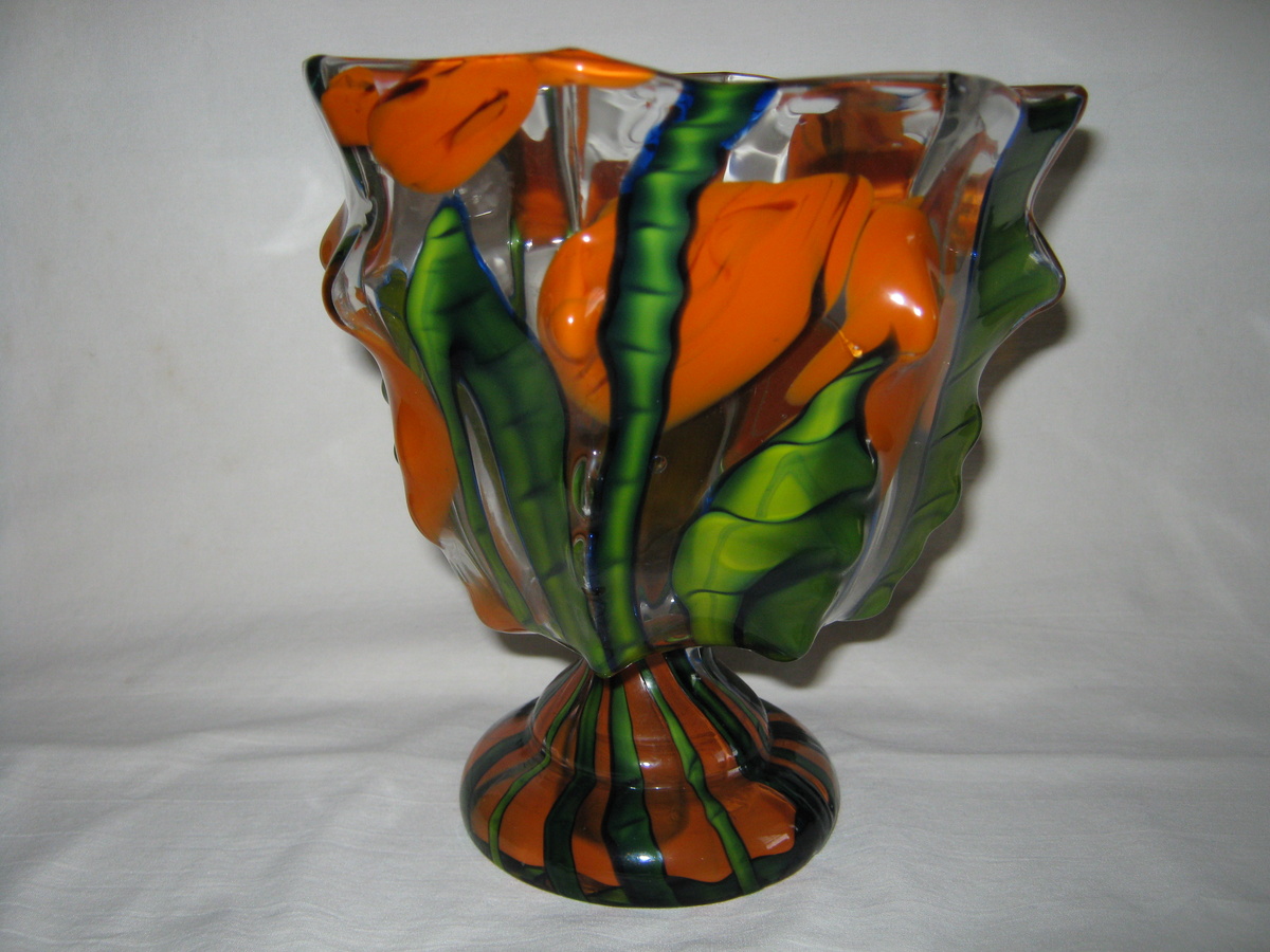 Czechoslovakia art glass vase unmarked Kralik Bambus