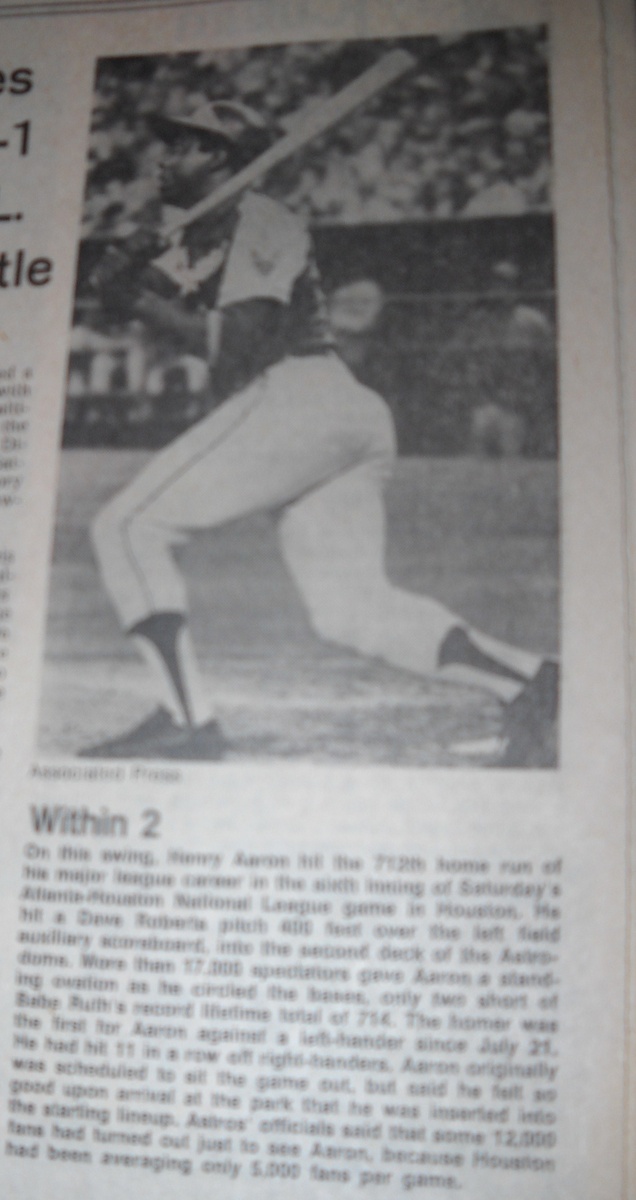 Hank Aaron chasing Ruth newspaper article - Baseball