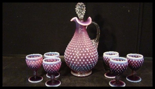 FENTON PLUM OPALESCENT HOBNAIL  DECANTER AND 6 WINE GOBLETS!