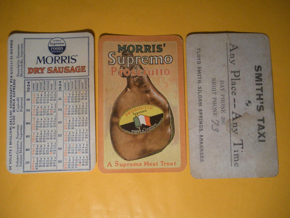 Advertising Cards -- "Morris Meats" and "Smith's Taxi" Siloam Springs, Arkansas - Advertising