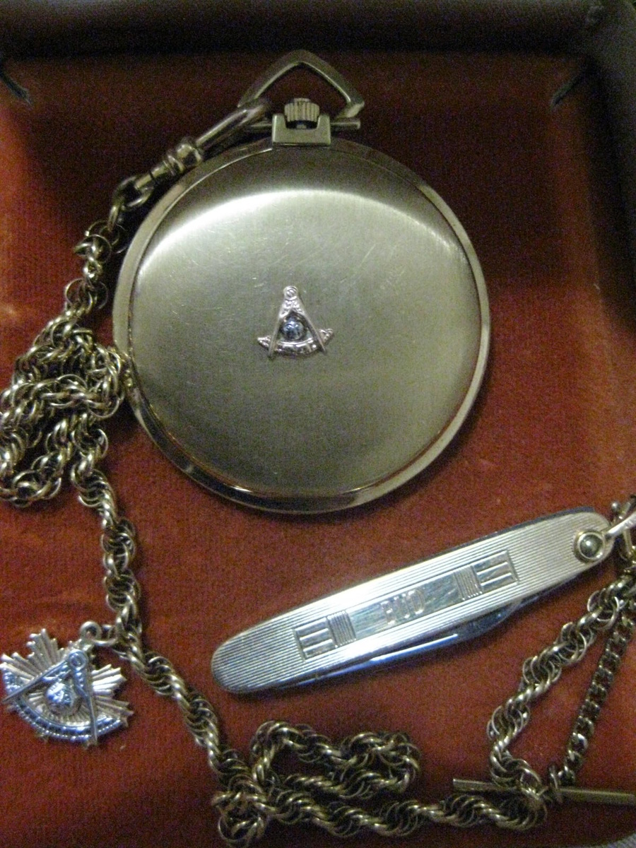 Masonic Bulova Accutron Pocket watch N5 with 14K fob 12k knife and chain.