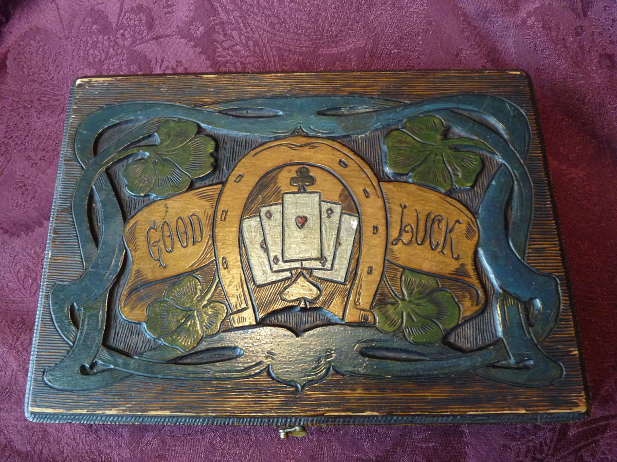 Antique Relief Carved Pyrography Poker Chip Set - circa 1925-1950