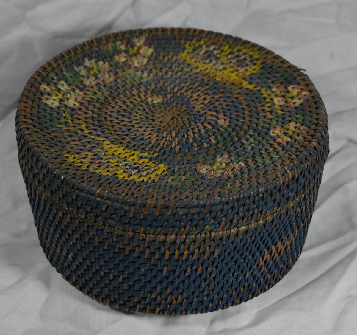 Painted Blue Basket with Lid and Flowers
