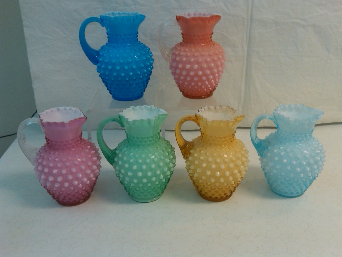 COMPLETE SET OF FENTON OVERLAY HOBNAIL SYRUP JUGS