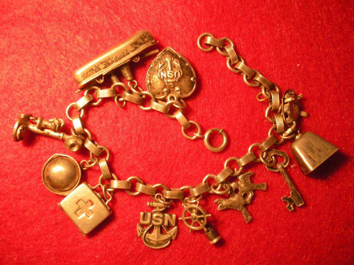 US Navy Charm Bracelet ...  Candle Stick Telephones, Ships Wheel & Looking Glass, Old Ship, Turtle, Key, Doves, First Aid Kit,  - Fine Jewelry
