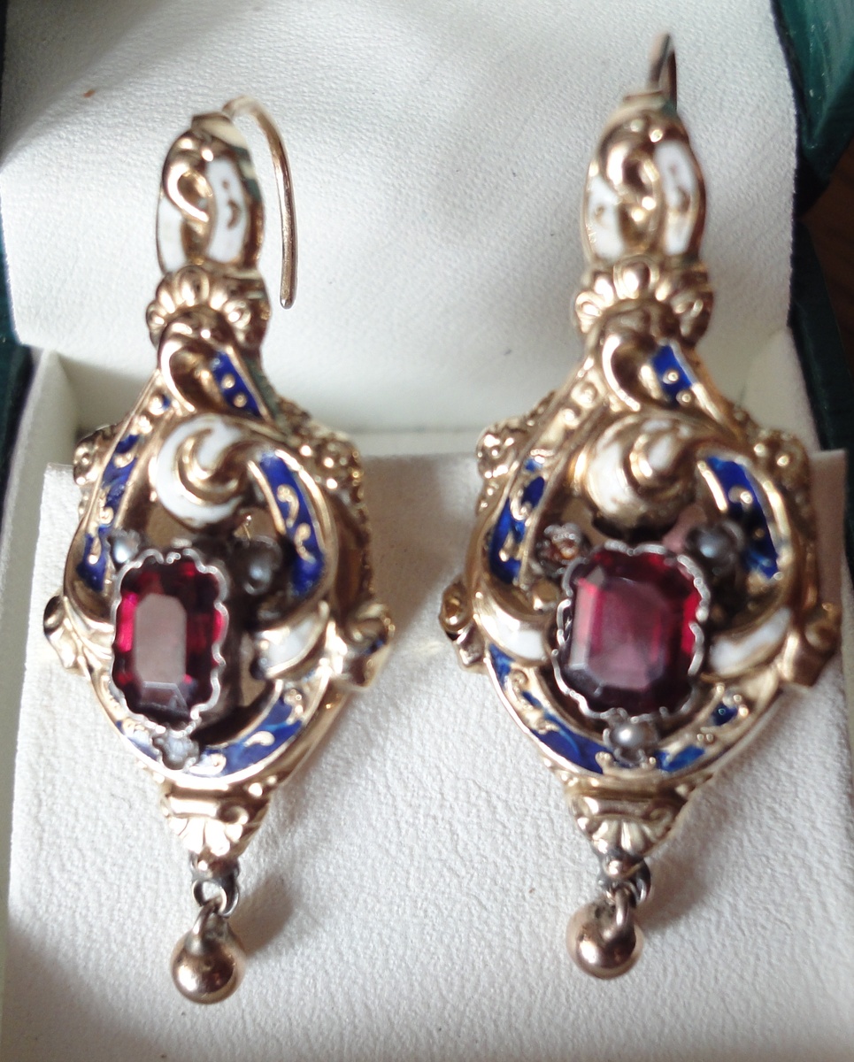 Georgian (or earlier) enameled earrings with I don't know what kind of stone ?? - Fine Jewelry