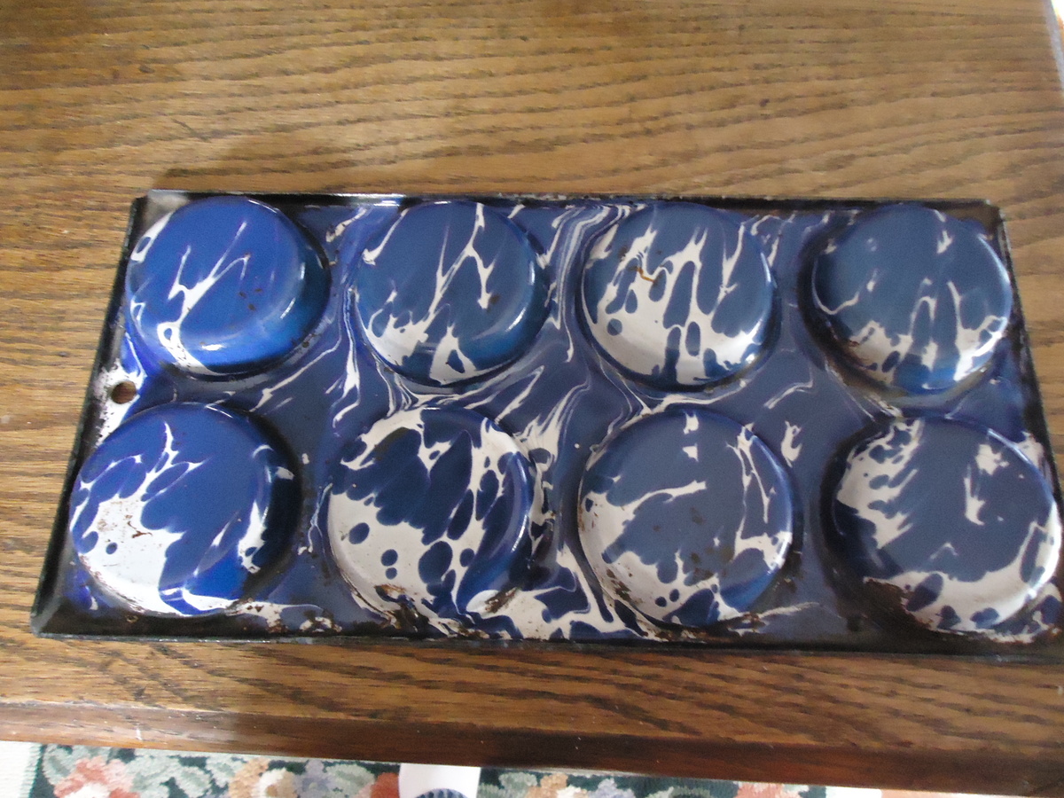 Blue & White Graniteware Muffin Pan - Kitchen