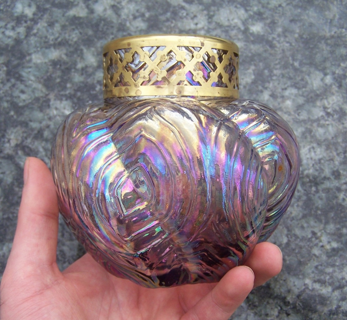 Unique Mystery Carnival Glass Vase Signed Twos Company at the Base? - Glassware
