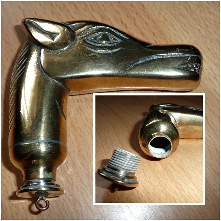brass horse walking stick with whiskey flask