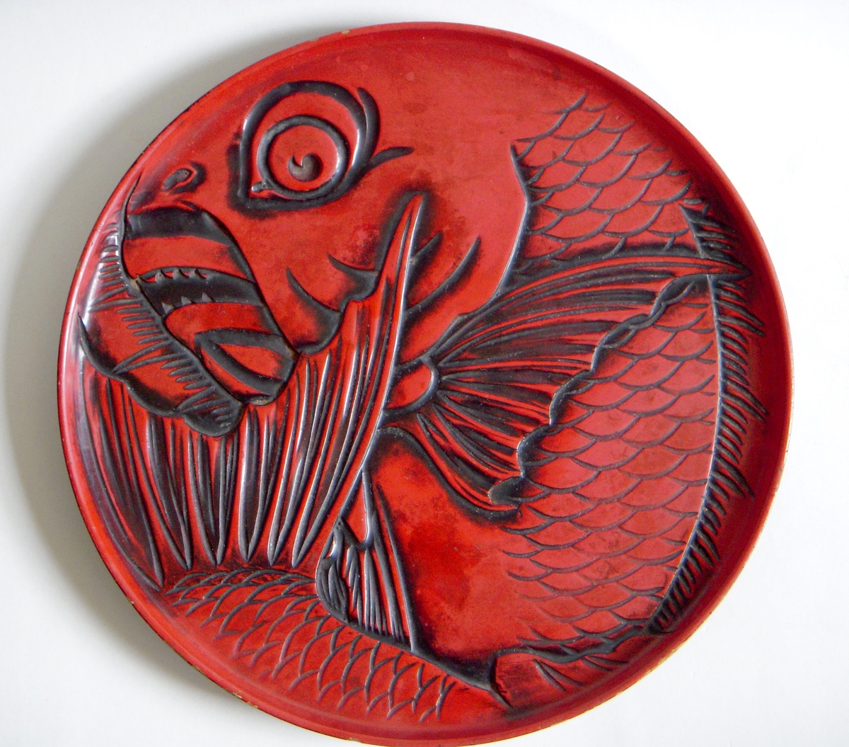 Carved Red Lacquer Plate~Deep Cut Carp design, Takito, Ogawa & Co - Asian